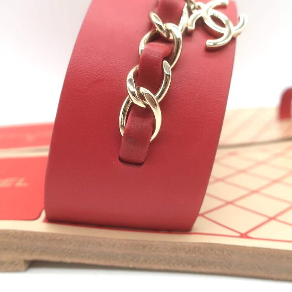 Chanel 19C CC Chain Toe-Strap Flat Slide Sandals Red Leather Size 37.5 - Picture 4 of 13